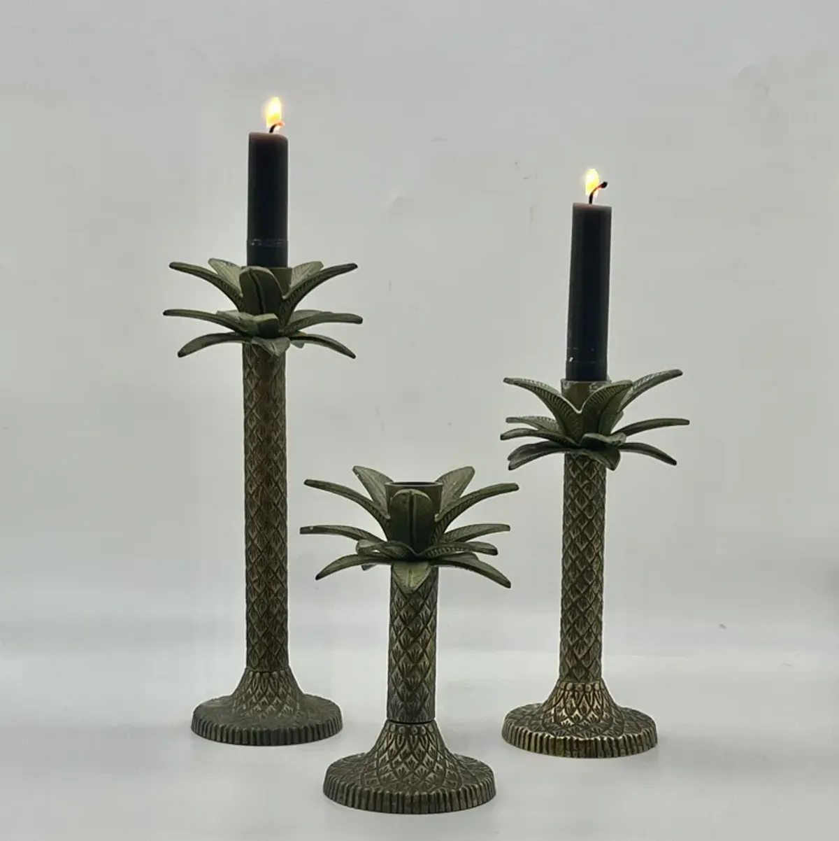 C. 1970s Palm Candle Holder Trio - Pilar Collection - Brown