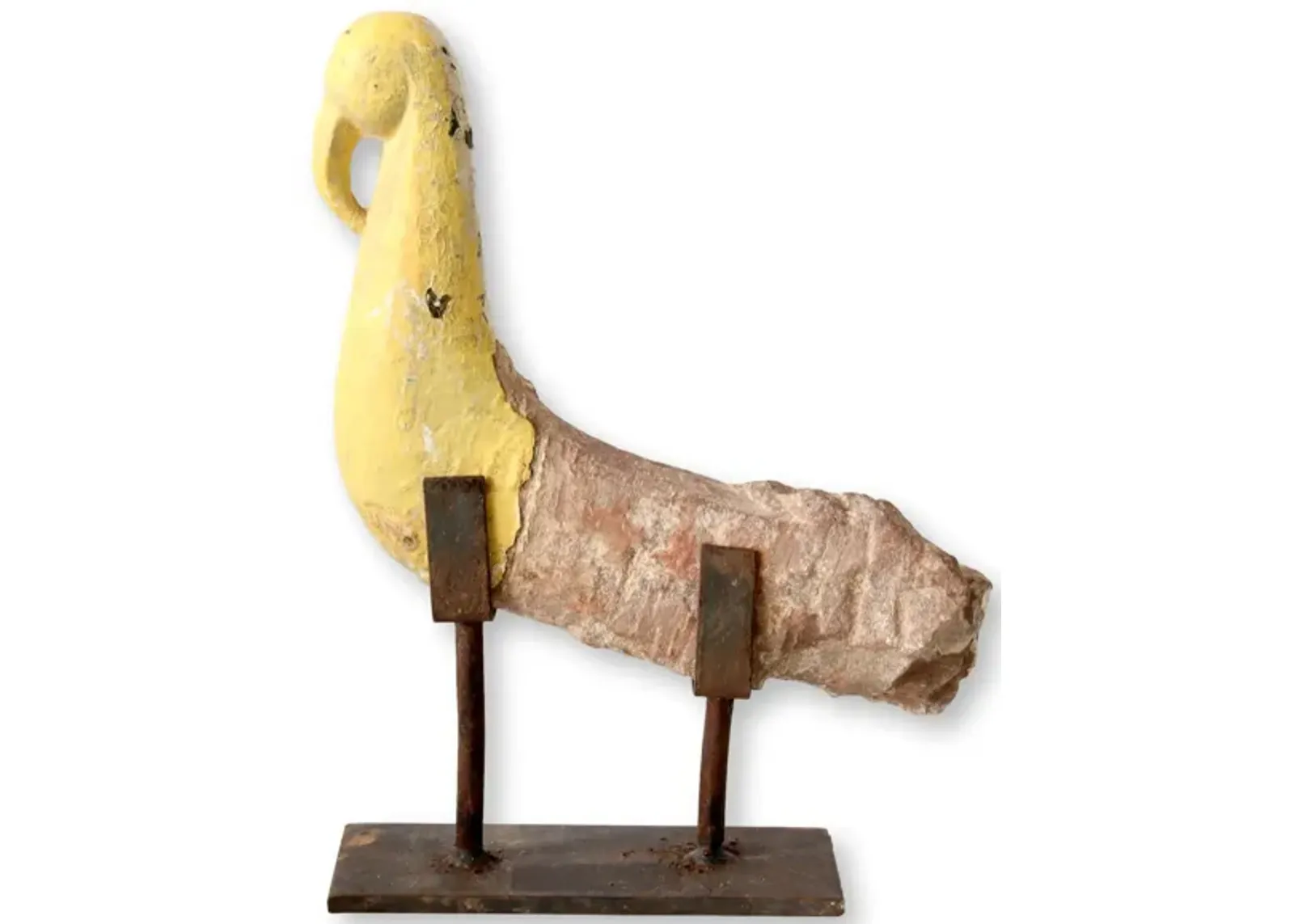 Rustic Carved Stone Bird on Stand - New England Mercantile - Yellow