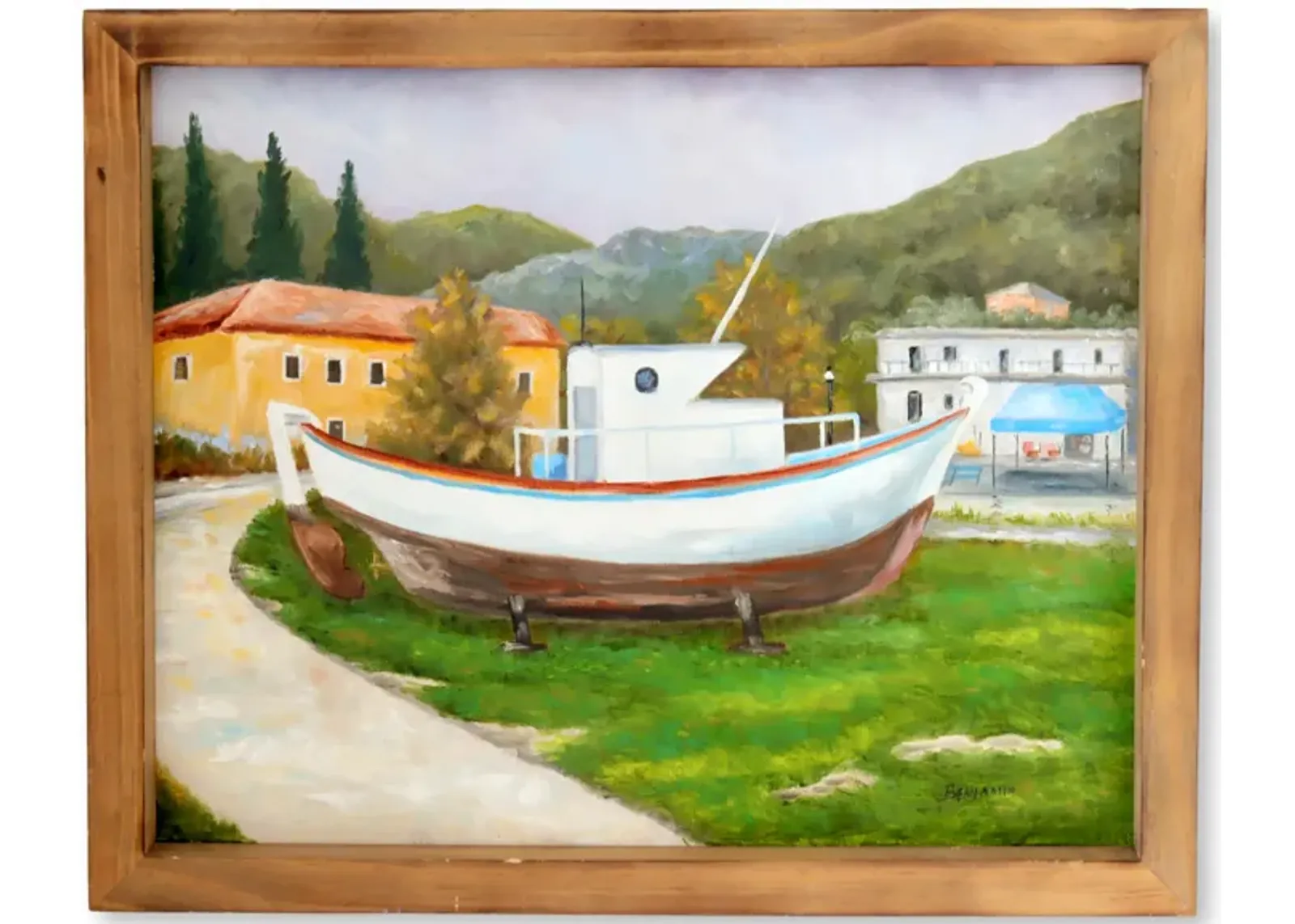 Greek Village Oil on Canvas - Rose Victoria - Green