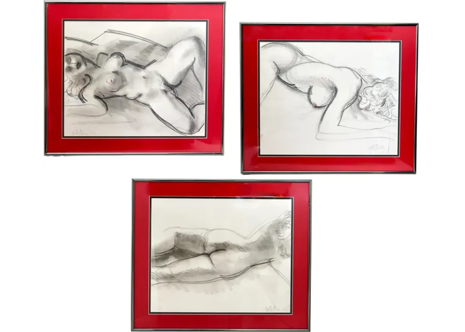 1993 Signed Nude Sketches - Set of 3 - The Queens Landing - Red