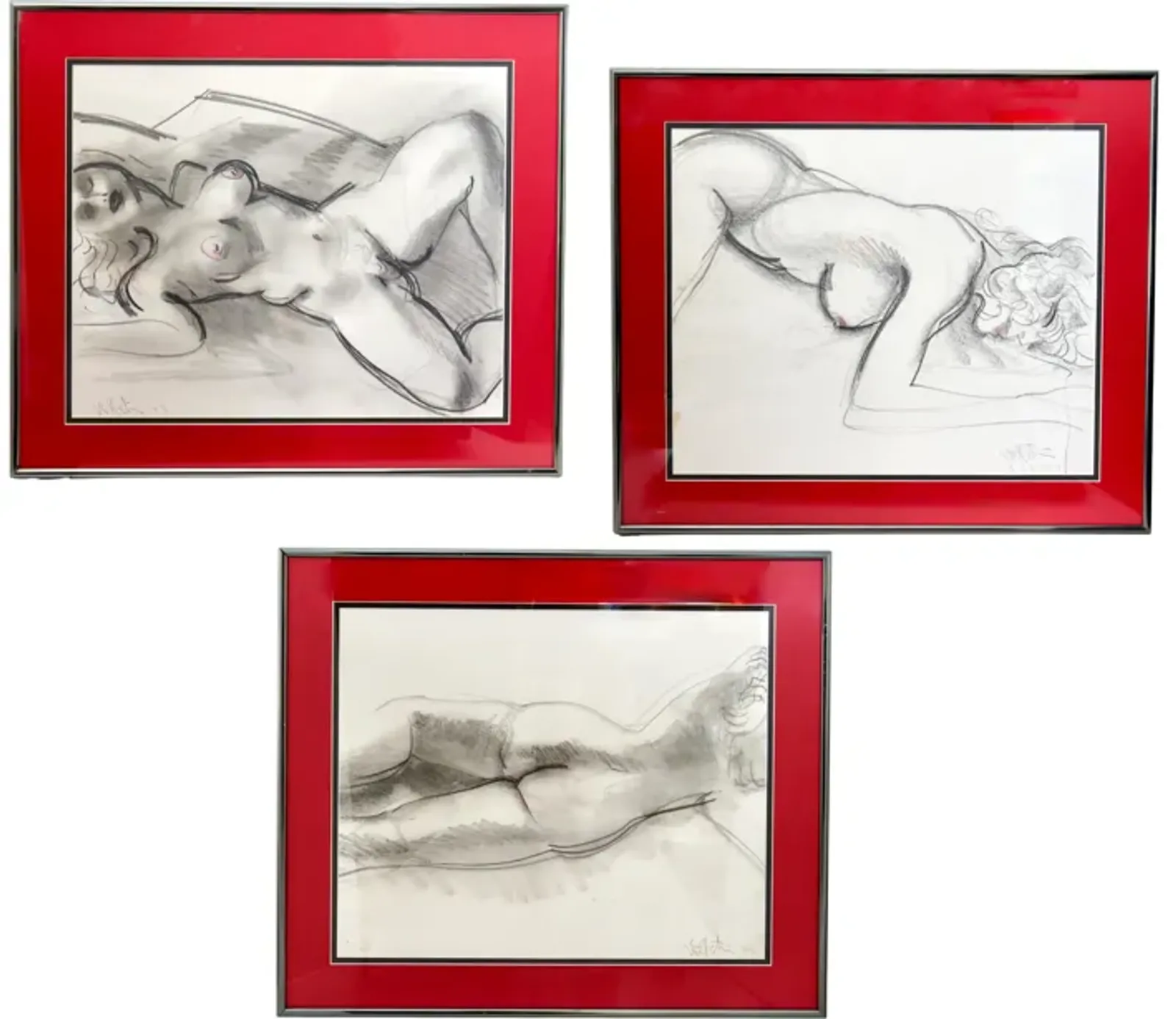 1993 Signed Nude Sketches - Set of 3 - The Queens Landing - Red