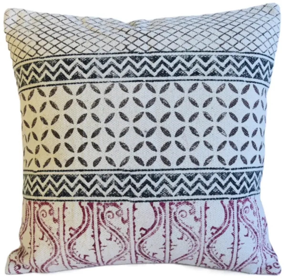 Hand-Printed Red/Charcoal Cotton Pillow