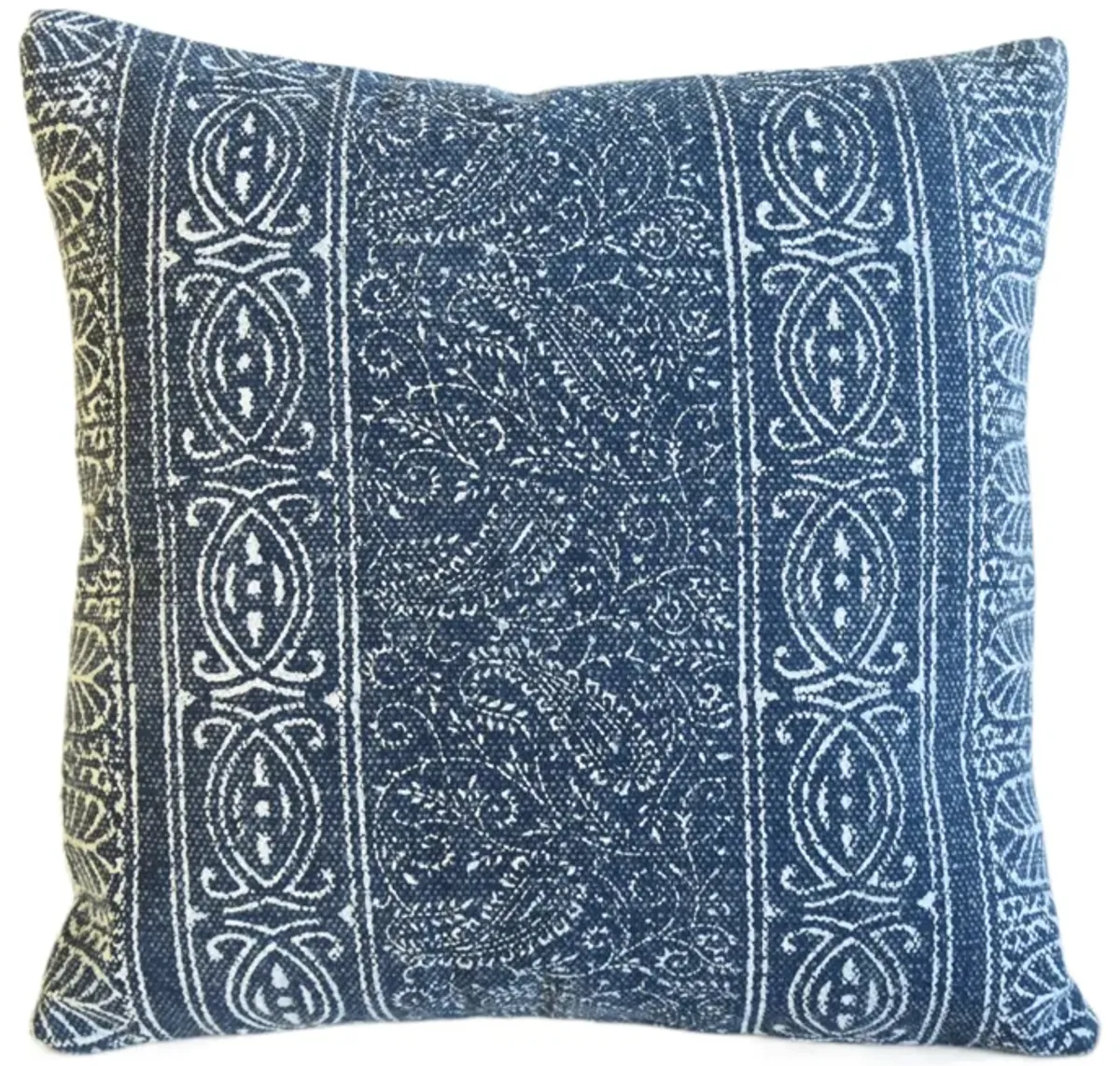 Hand-Printed Blue Paisley Cotton Pillow