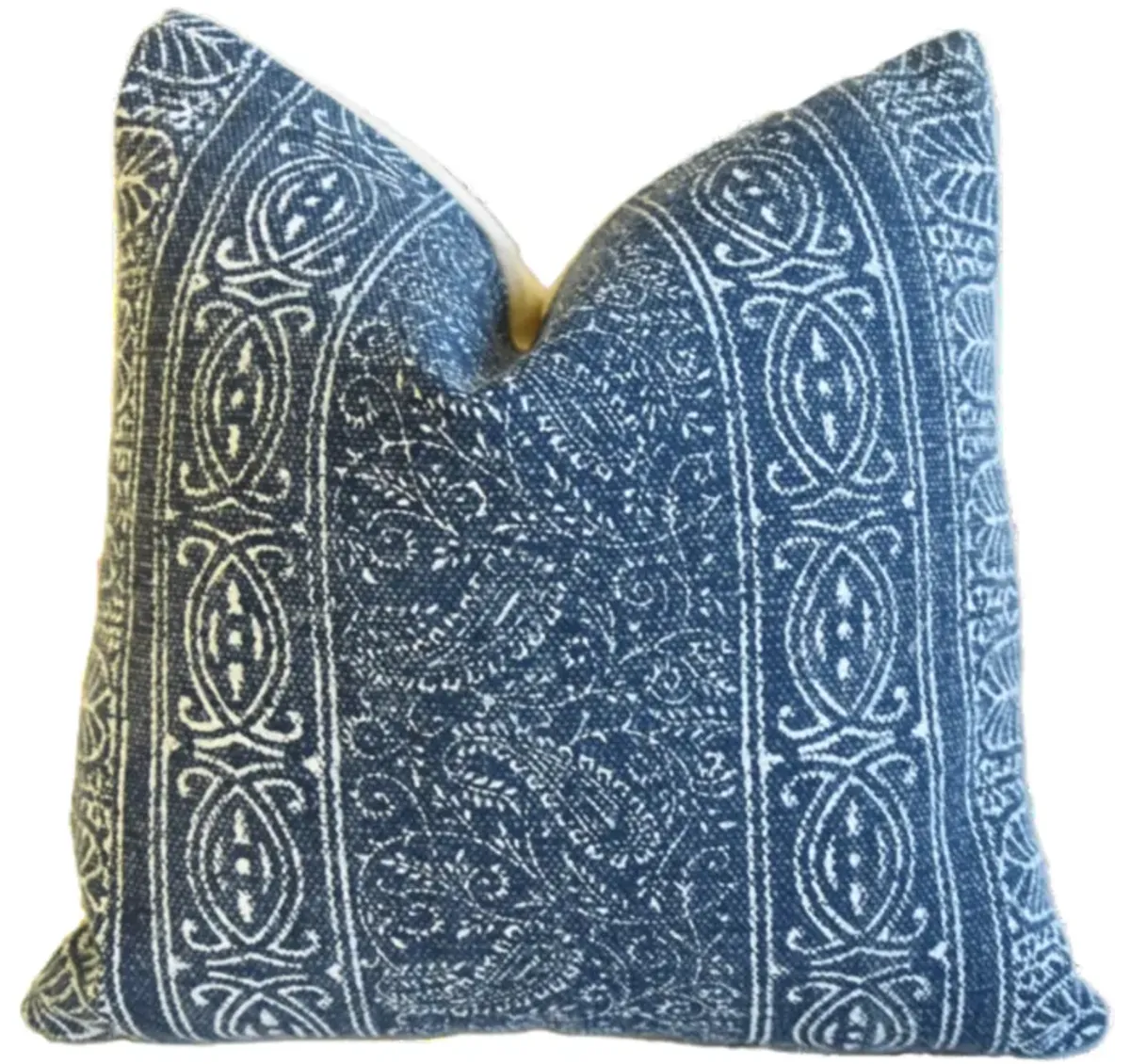 Hand-Printed Blue Paisley Cotton Pillow