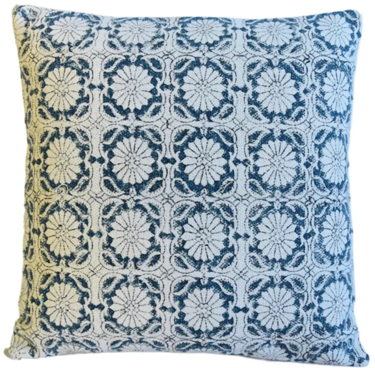 Hand-Printed Blue Floral Cotton Pillow