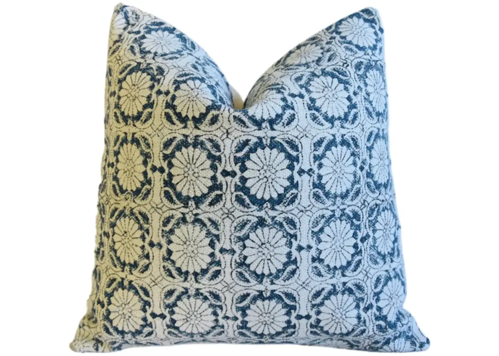 Hand-Printed Blue Floral Cotton Pillow