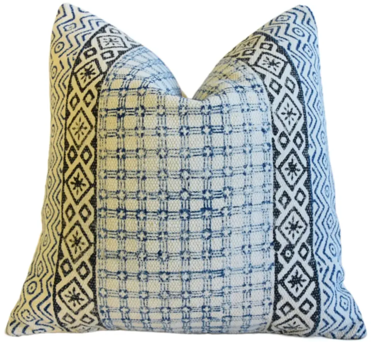 Hand-Printed Blue/Black Cotton Pillow