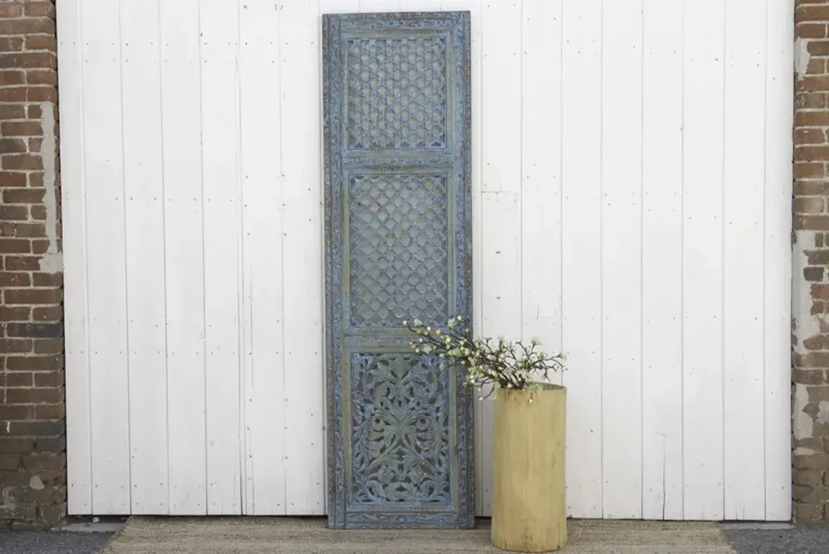 Finely Carved Blue Mughal Wood Jali Door - de-cor