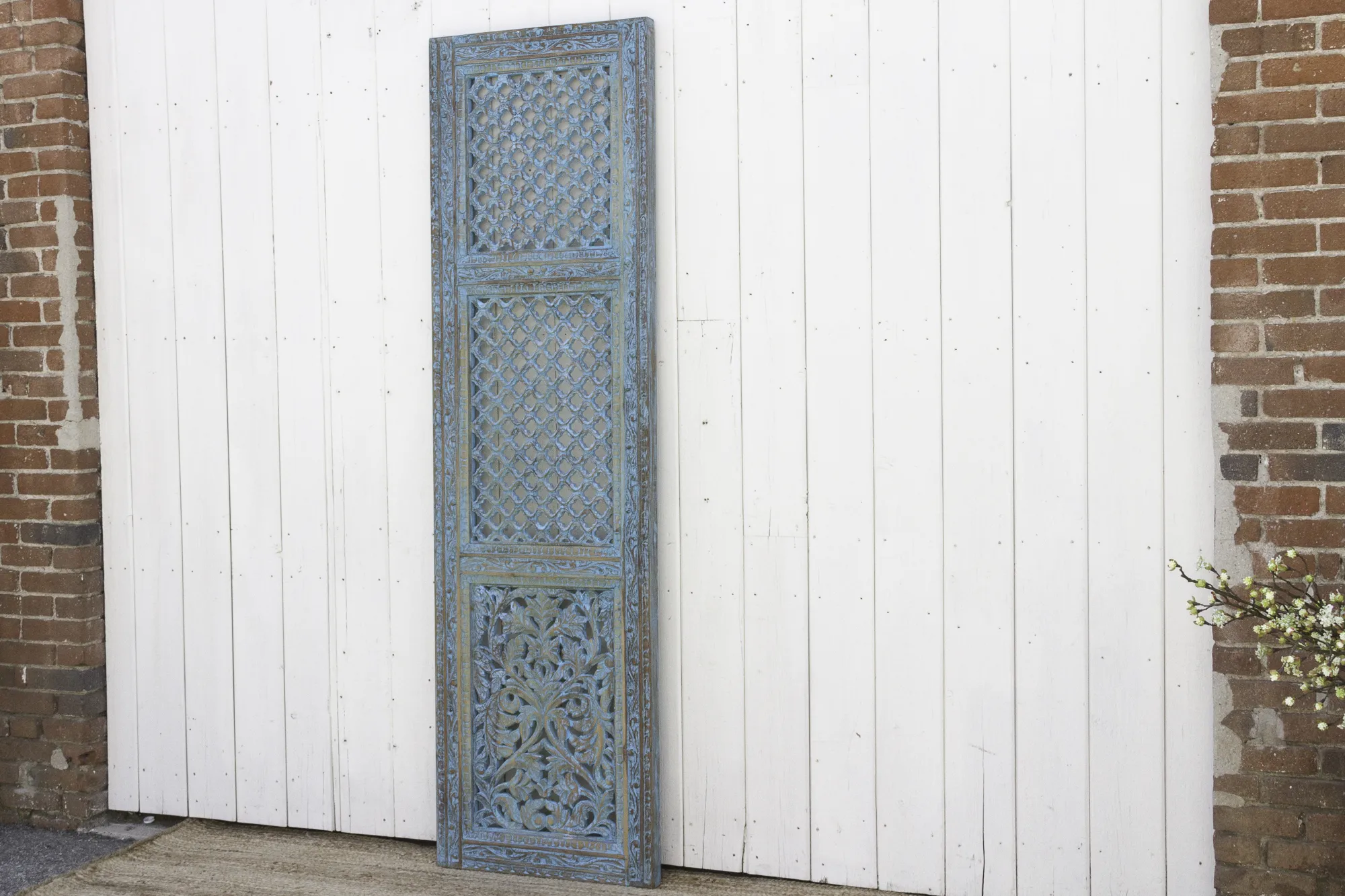 Finely Carved Blue Mughal Wood Jali Door - de-cor