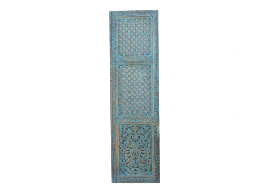 Finely Carved Blue Mughal Wood Jali Door - de-cor