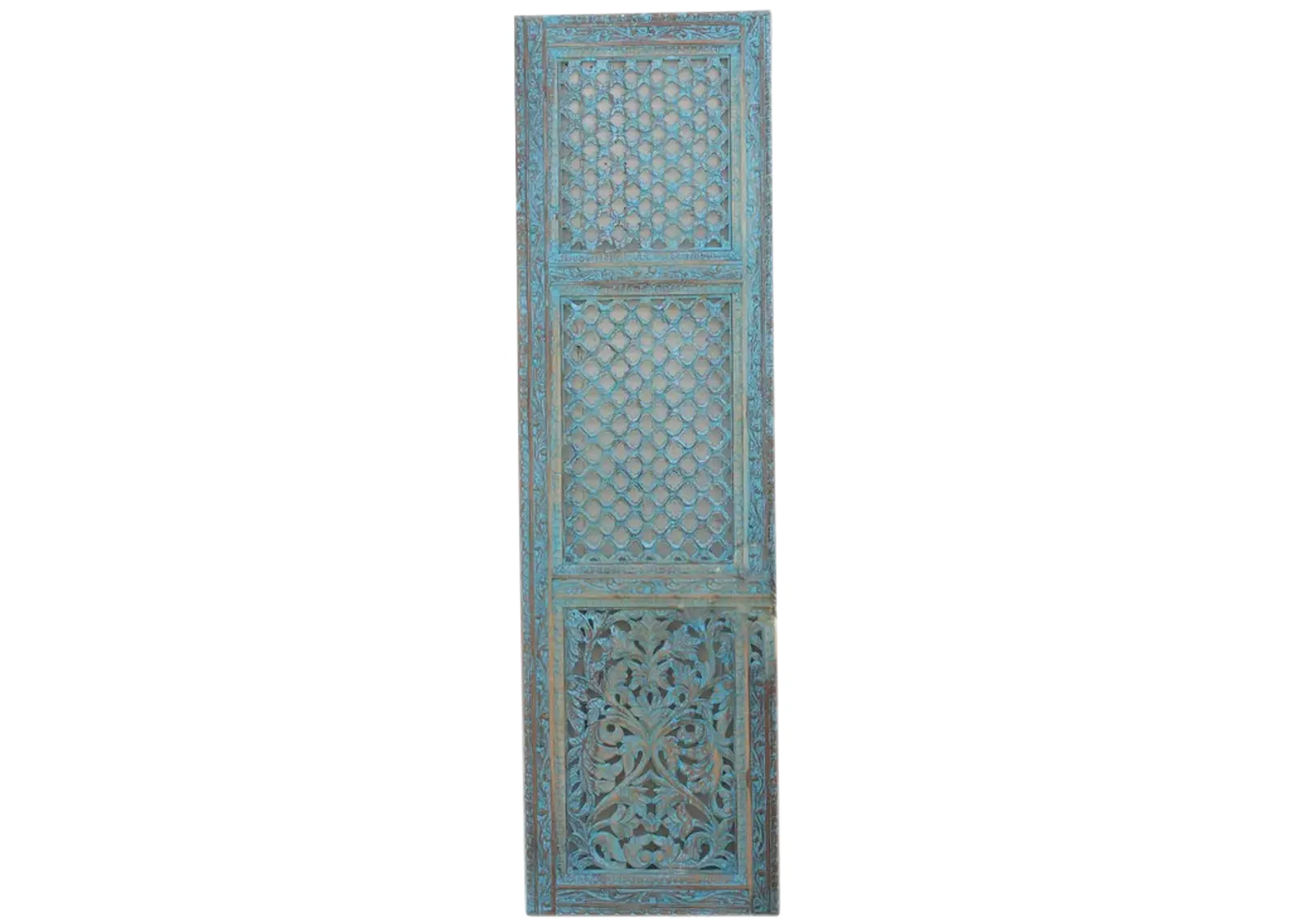 Finely Carved Blue Mughal Wood Jali Door - de-cor