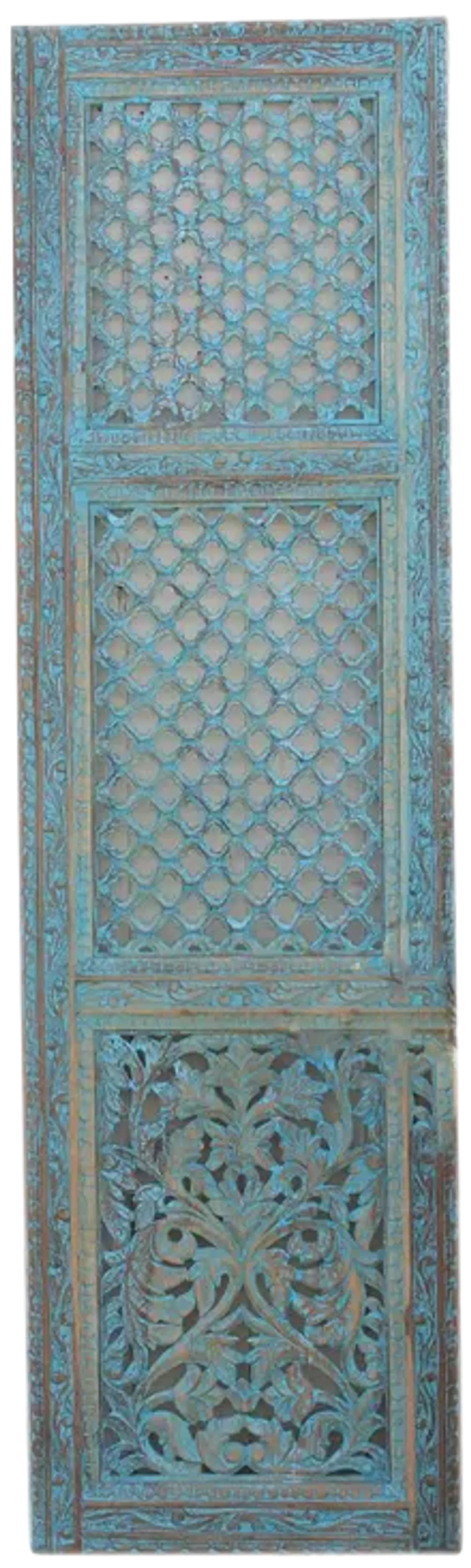 Finely Carved Blue Mughal Wood Jali Door - de-cor