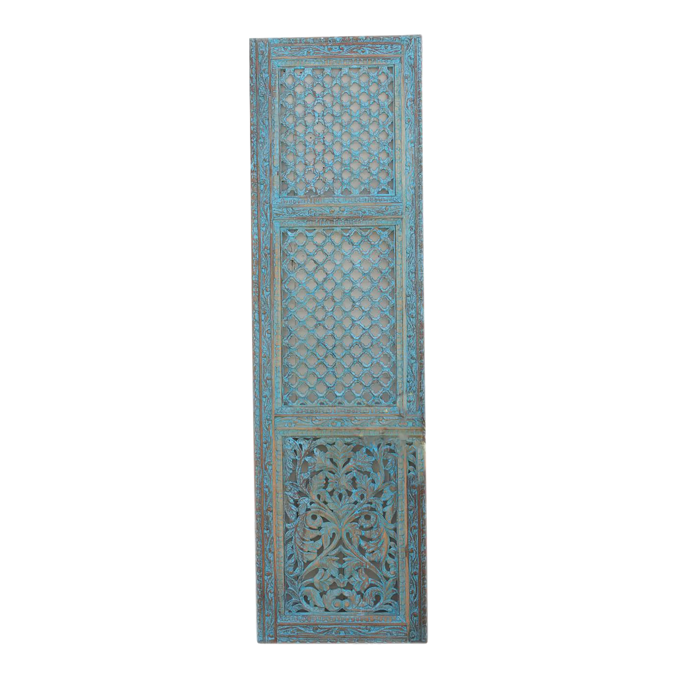 Finely Carved Blue Mughal Wood Jali Door - de-cor