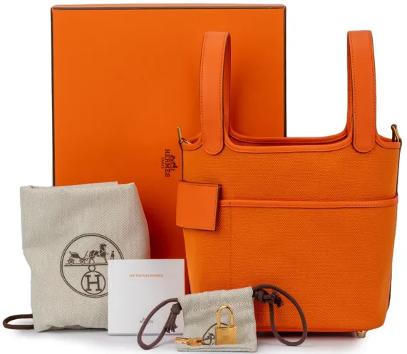 NIB Hermès Orange Swift Toile Picotin 18