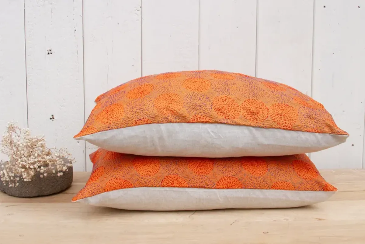 Pair of Tangerine Silk Kantha Pillows