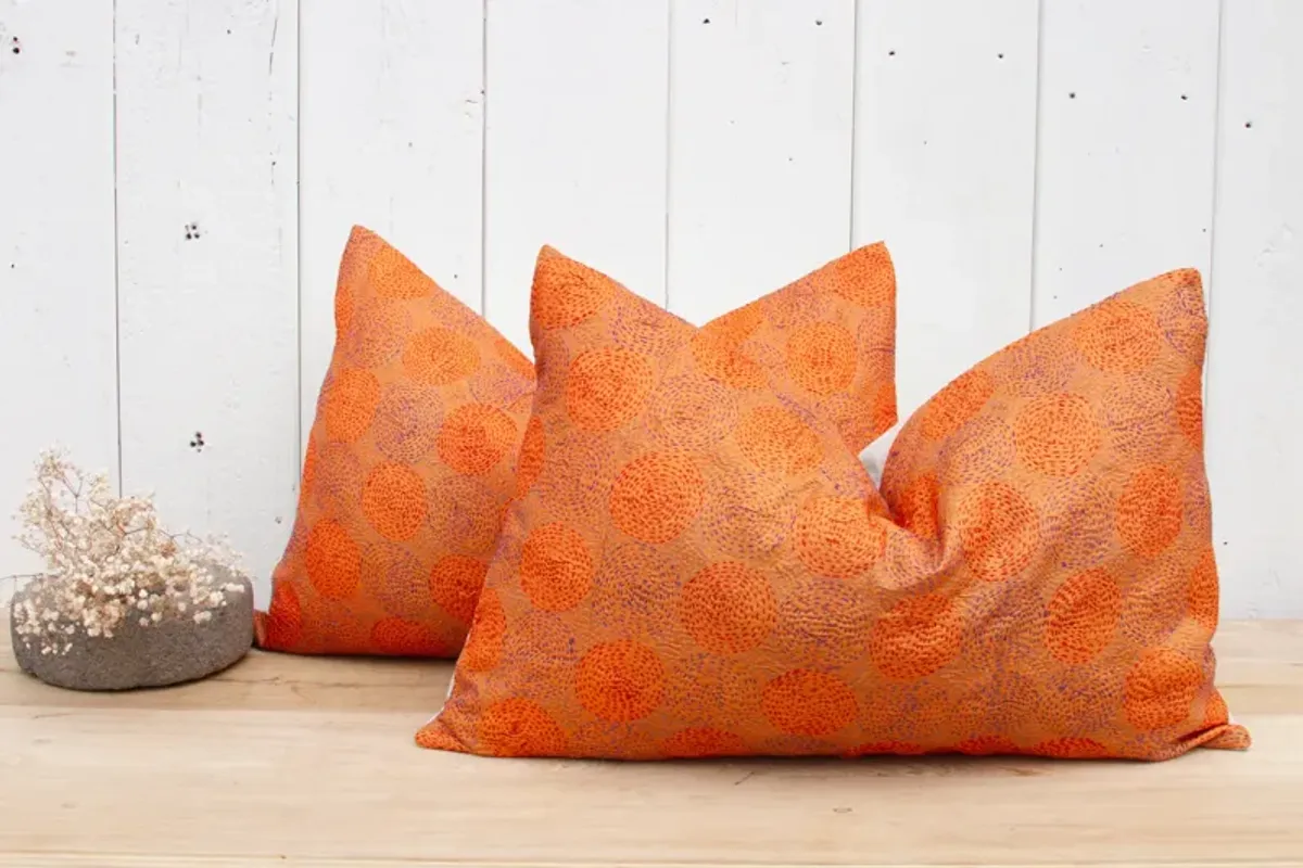 Pair of Tangerine Silk Kantha Pillows