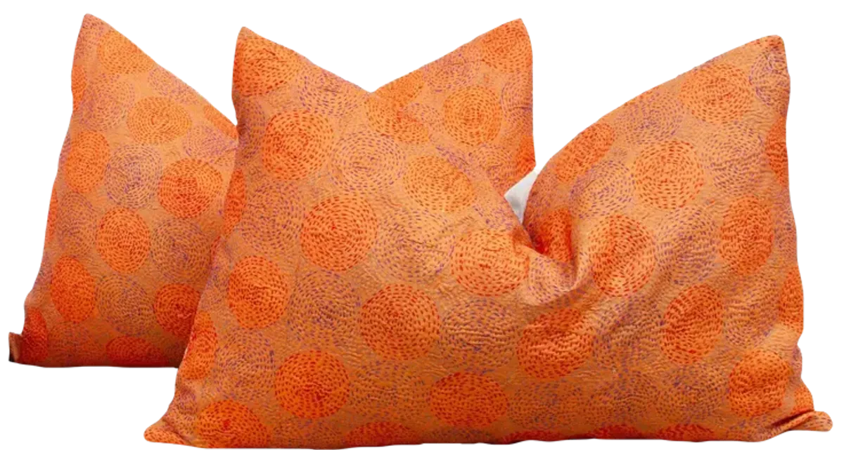 Pair of Tangerine Silk Kantha Pillows