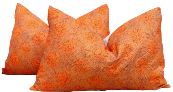 Pair of Tangerine Silk Kantha Pillows - de-cor