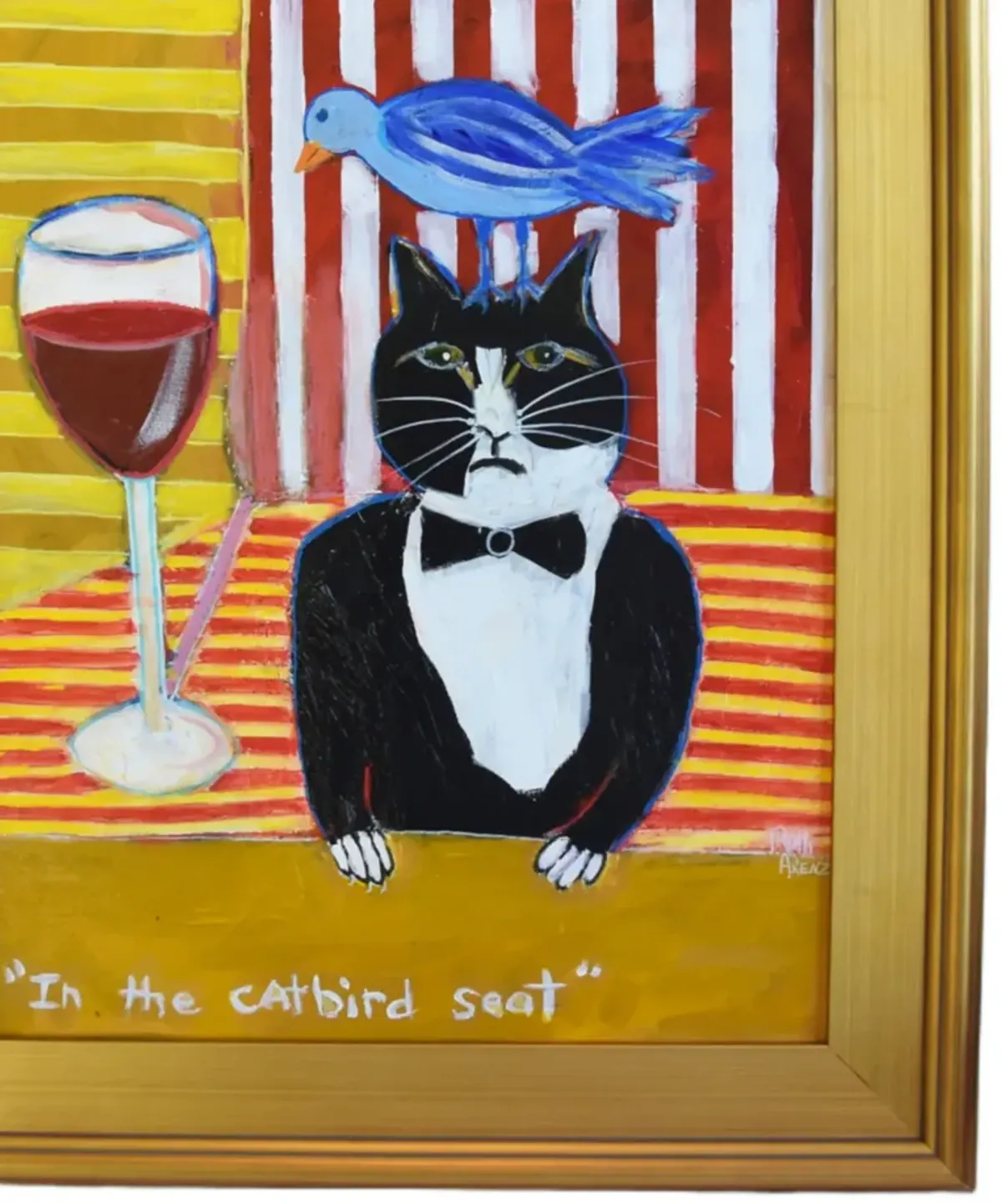 Outsider Art Tuxedo Cat Bluebird & Wine - Orange