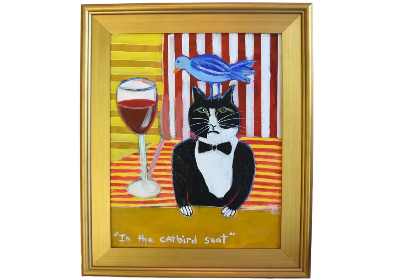 Outsider Art Tuxedo Cat Bluebird & Wine - Orange