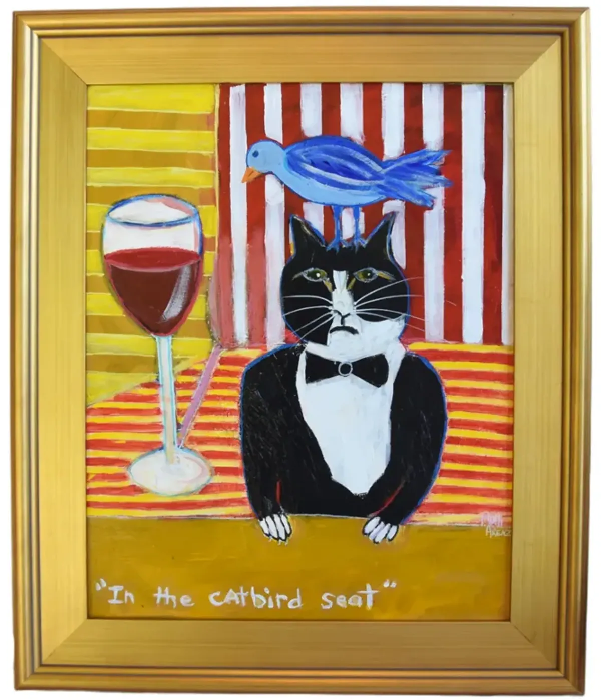 Outsider Art Tuxedo Cat Bluebird & Wine - Orange