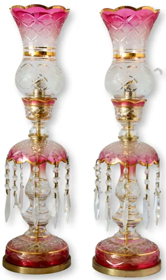 1920s Cranberry Bohemian Glass Lamps - Pink