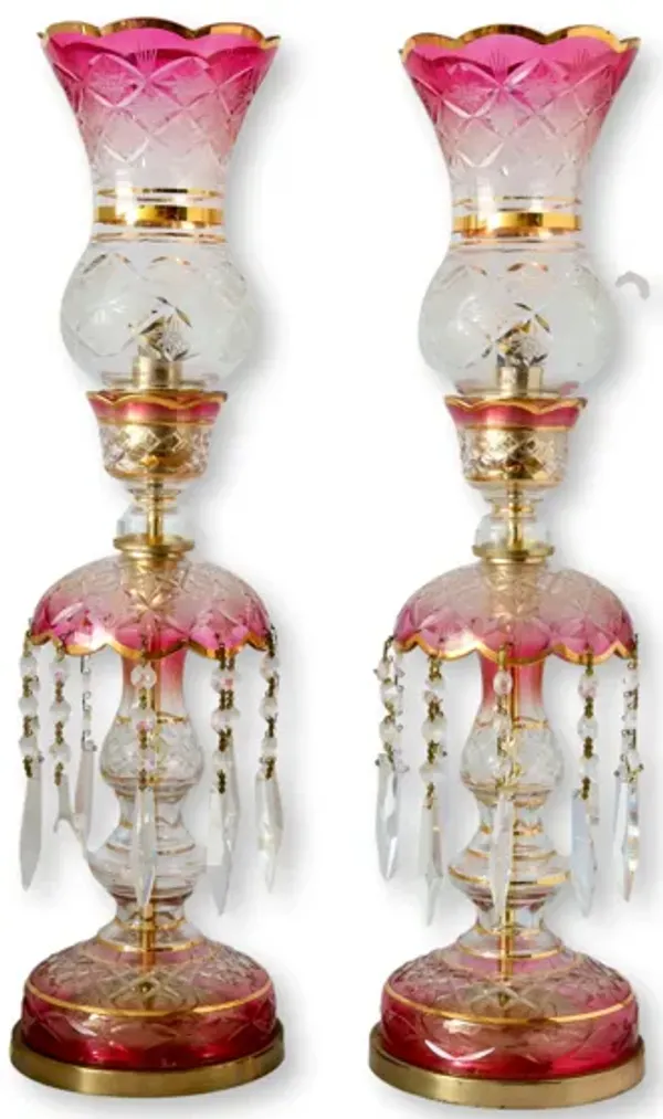 1920s Cranberry Bohemian Glass Lamps - Rose Victoria - Pink