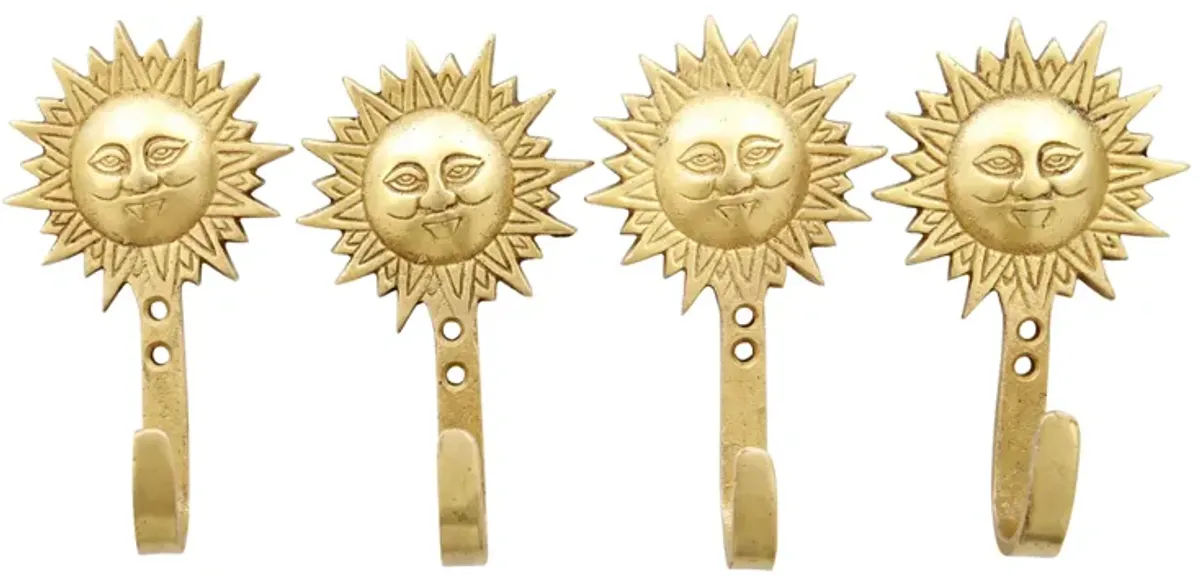 Bohemian Sun Brass Wall Hooks - Set of 4 - Gold