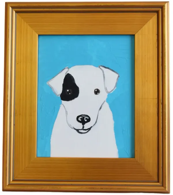 Folk Art Doggie Dog Puppy Oil Painting - Blue