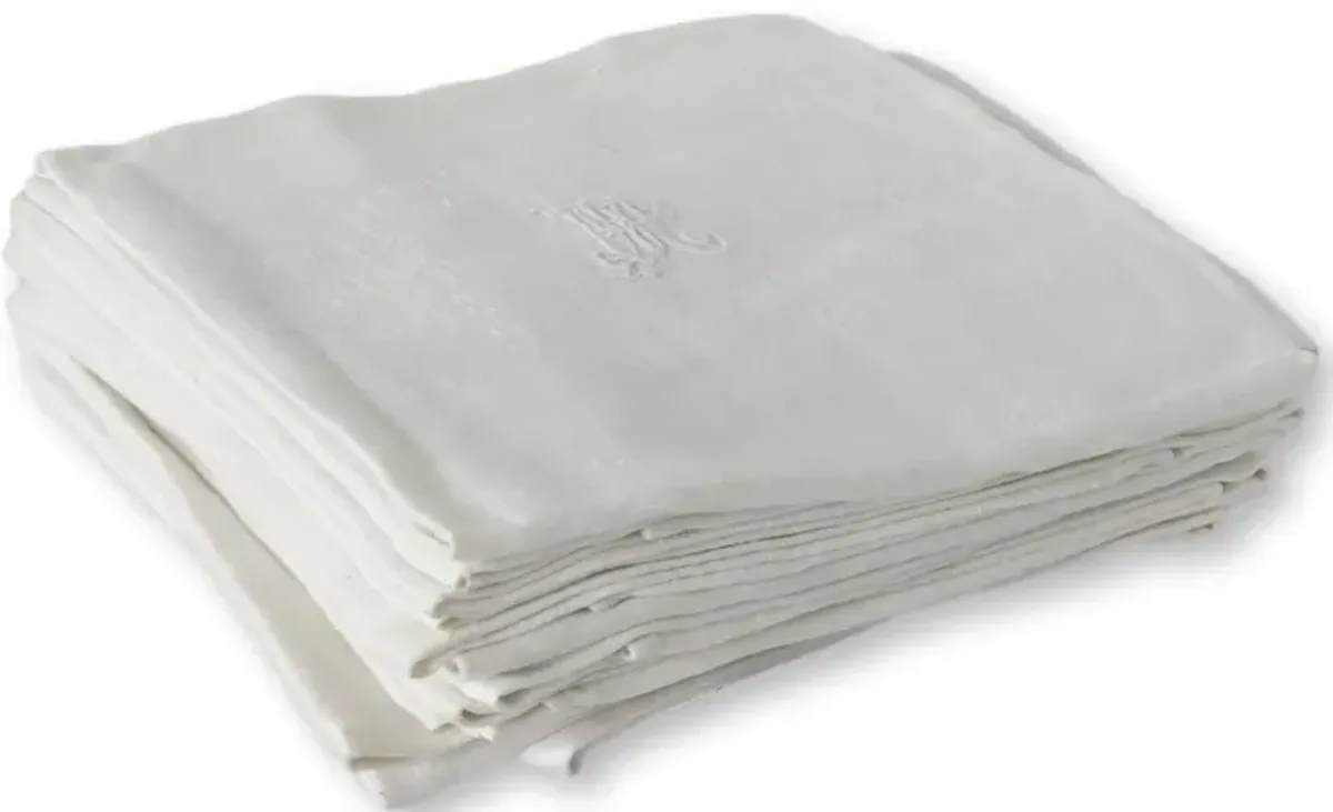 French "PM"/"MP" Dinner Napkins - Set of 12 - Rose Victoria - White