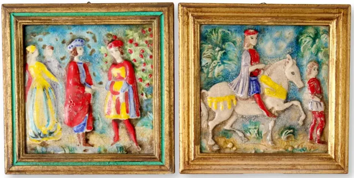 Framed Italian Faience Hand-Made Tiles - Gold