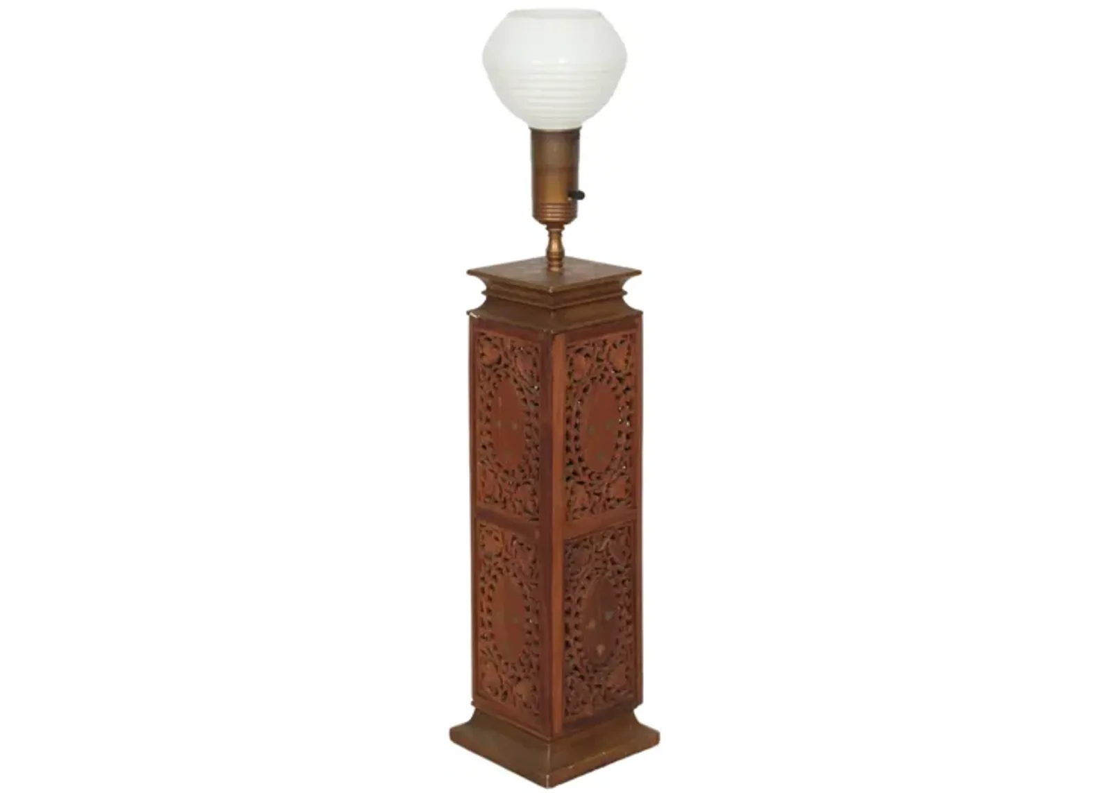 Indian Brass Inlaid Carved Wooden Lamp