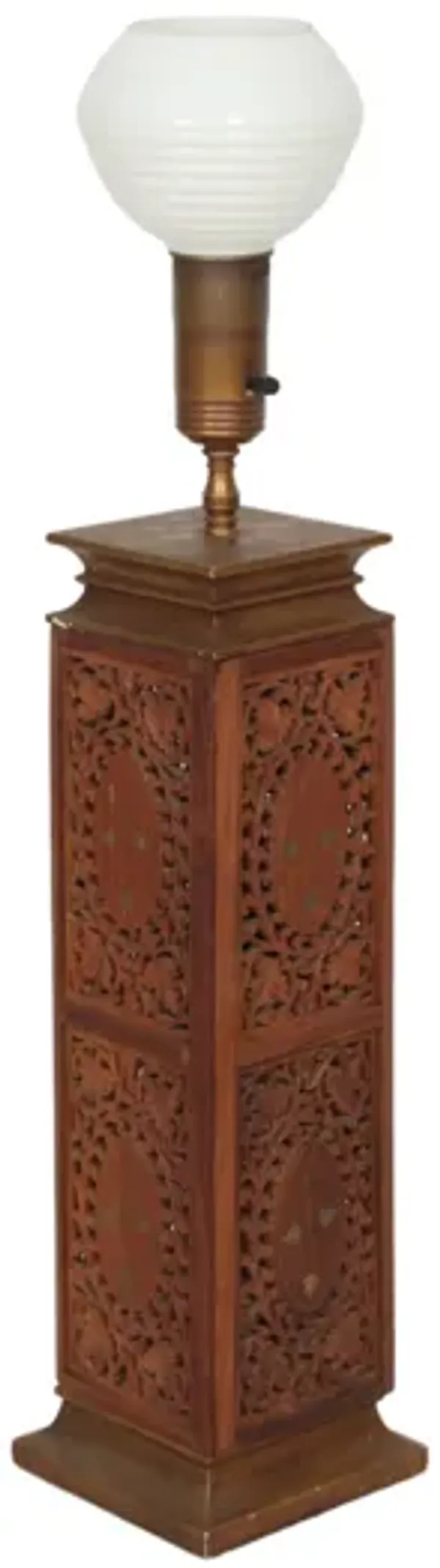 Indian Brass Inlaid Carved Wooden Lamp - Interesting Things
