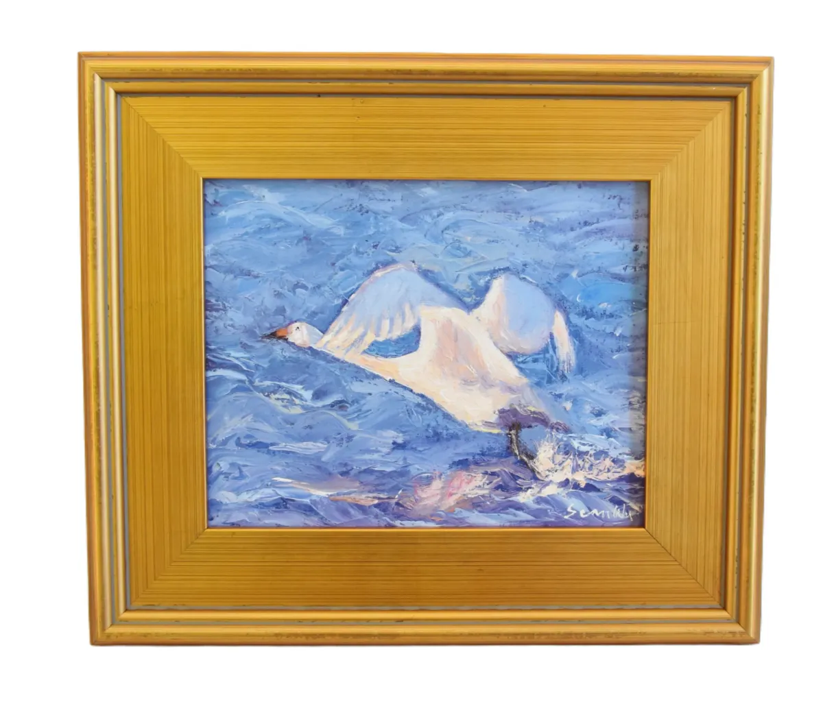 Snow Goose Taking Flight Lake Painting - Blue