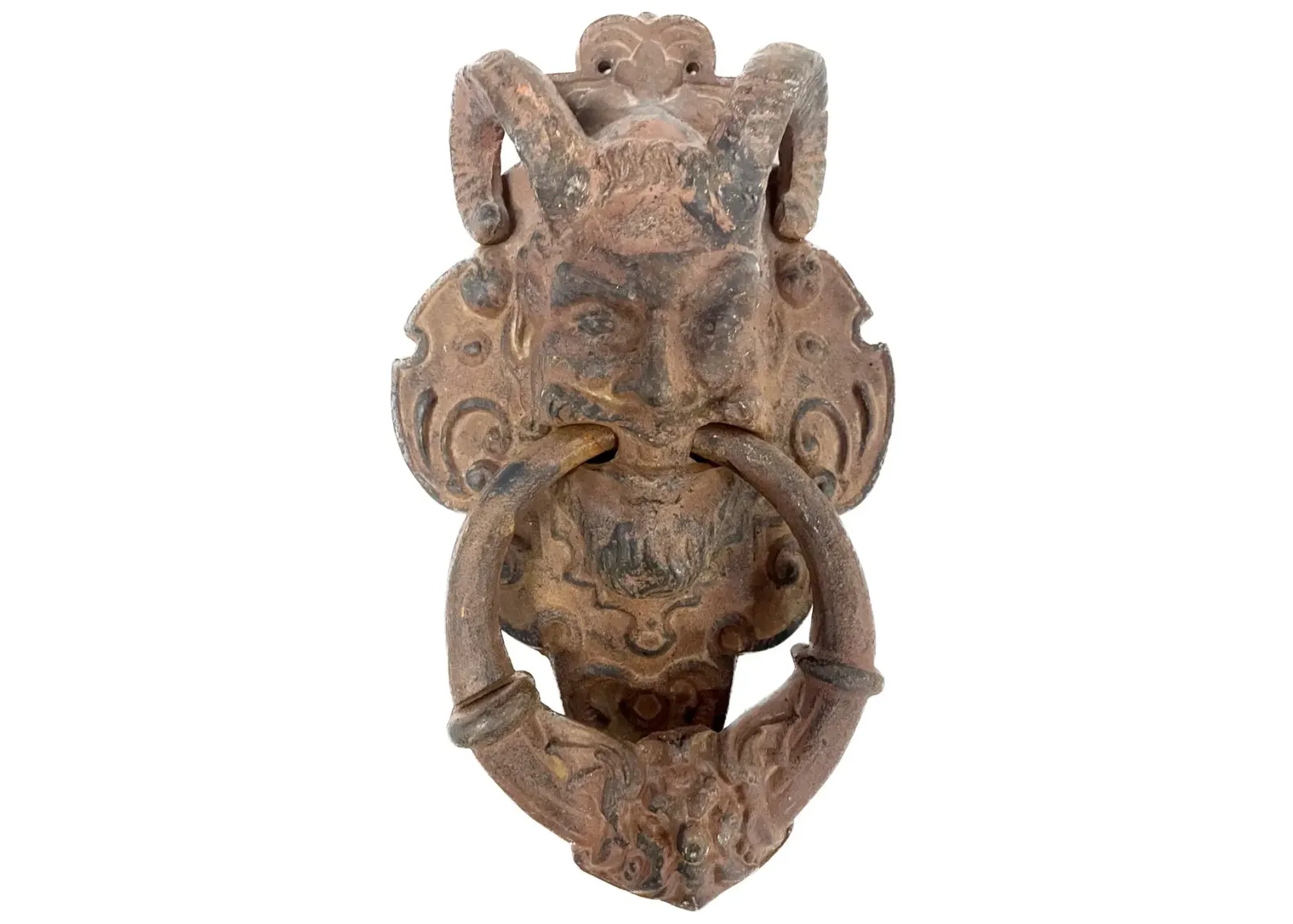 Satyr Face w/Ram Horns Iron Door Knocker - Brown