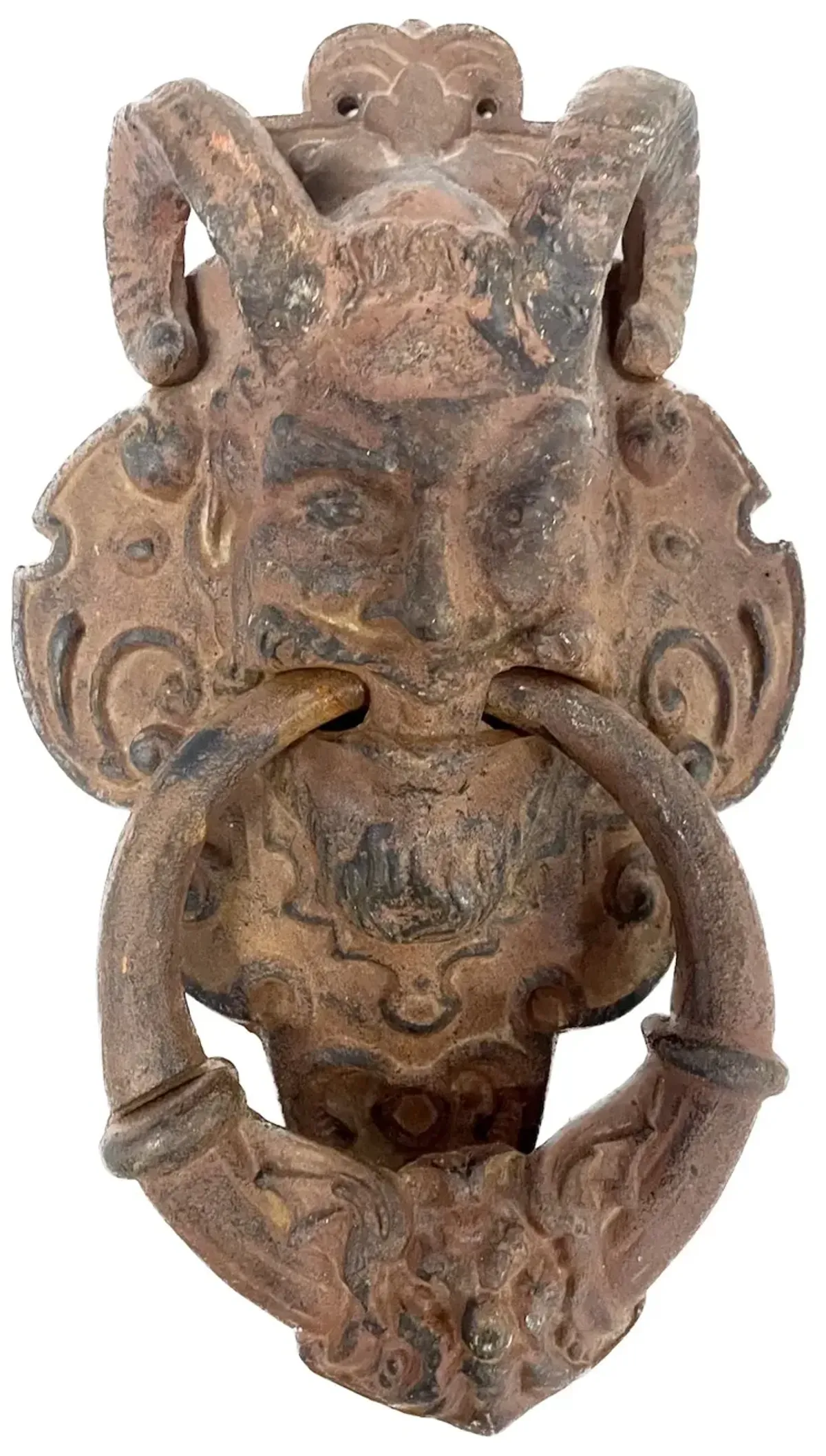 Satyr Face w/Ram Horns Iron Door Knocker - Brown