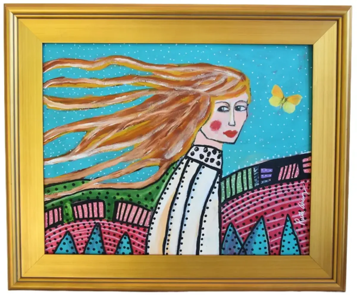 Woman with Red Hair Blowing In The Wind - Blue