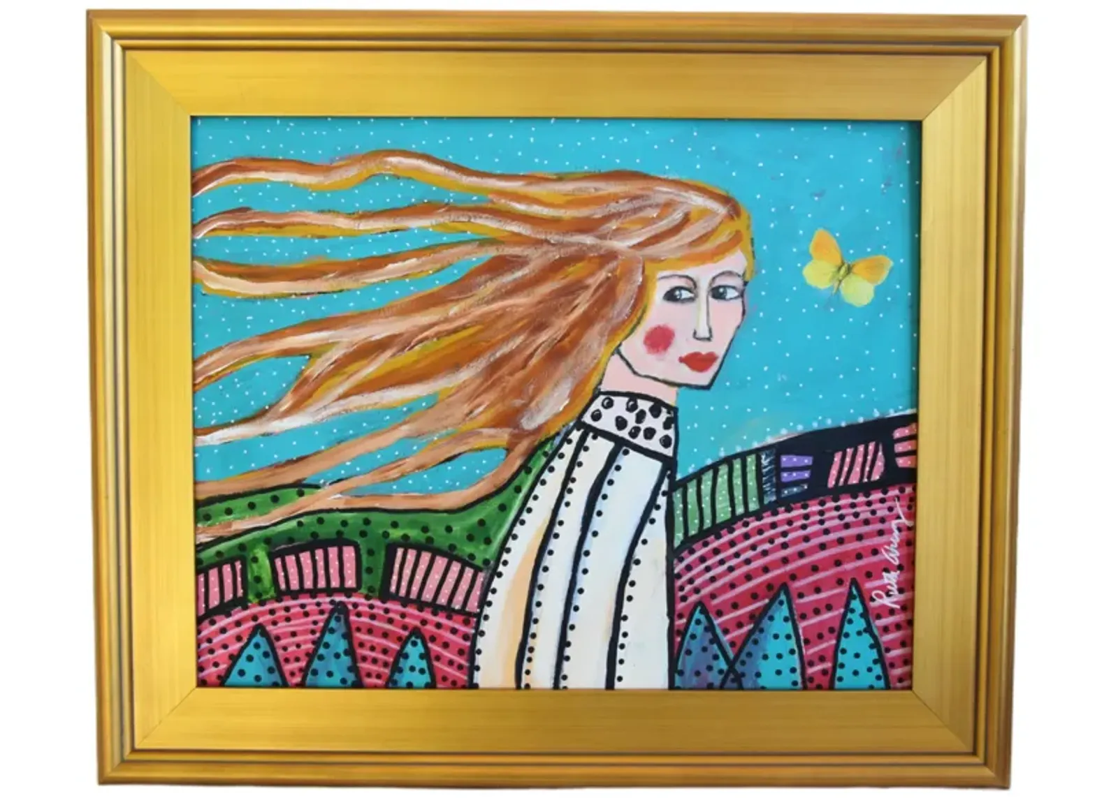 Woman with Red Hair Blowing In The Wind - Blue