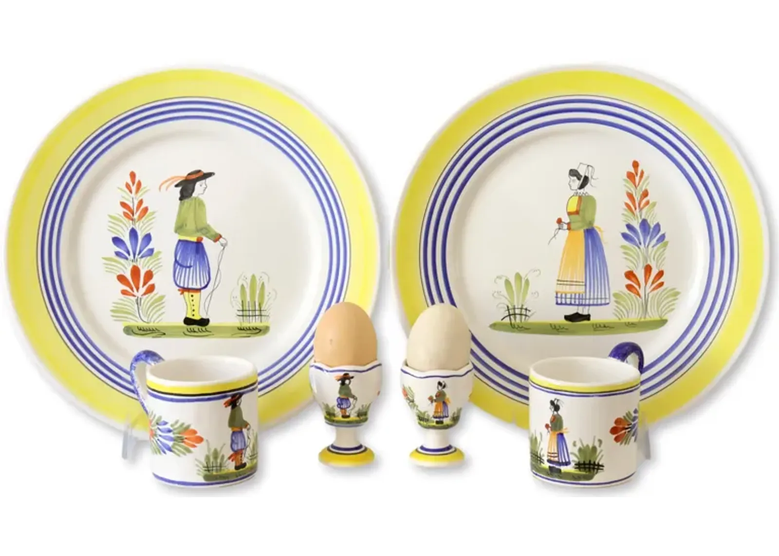 French Quimper Breakfast Set for Two - Handcrafted - Blue