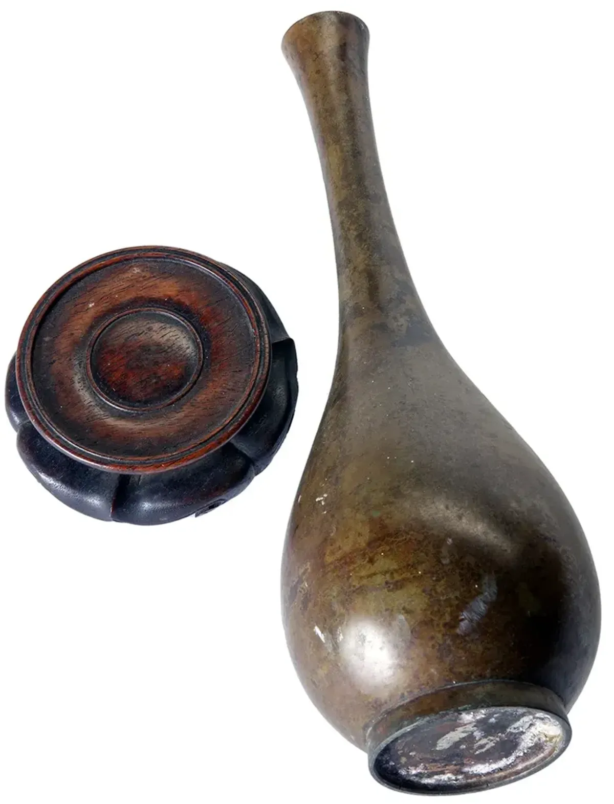 Japanese Bronze Bud Vase/ Rosewood Stand - Brown