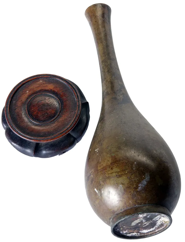 Japanese Bronze Bud Vase/ Rosewood Stand - Brown