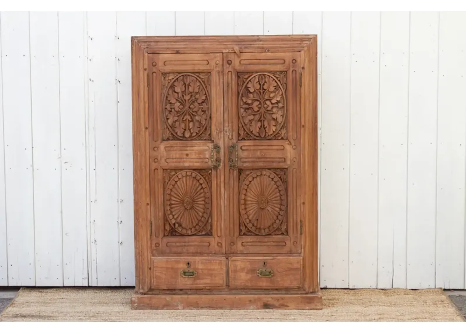 Antique Carved Teak Sunburst Cabinet - Brown