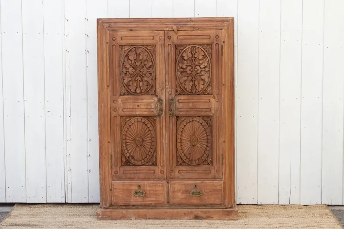 Antique Carved Teak Sunburst Cabinet - Brown