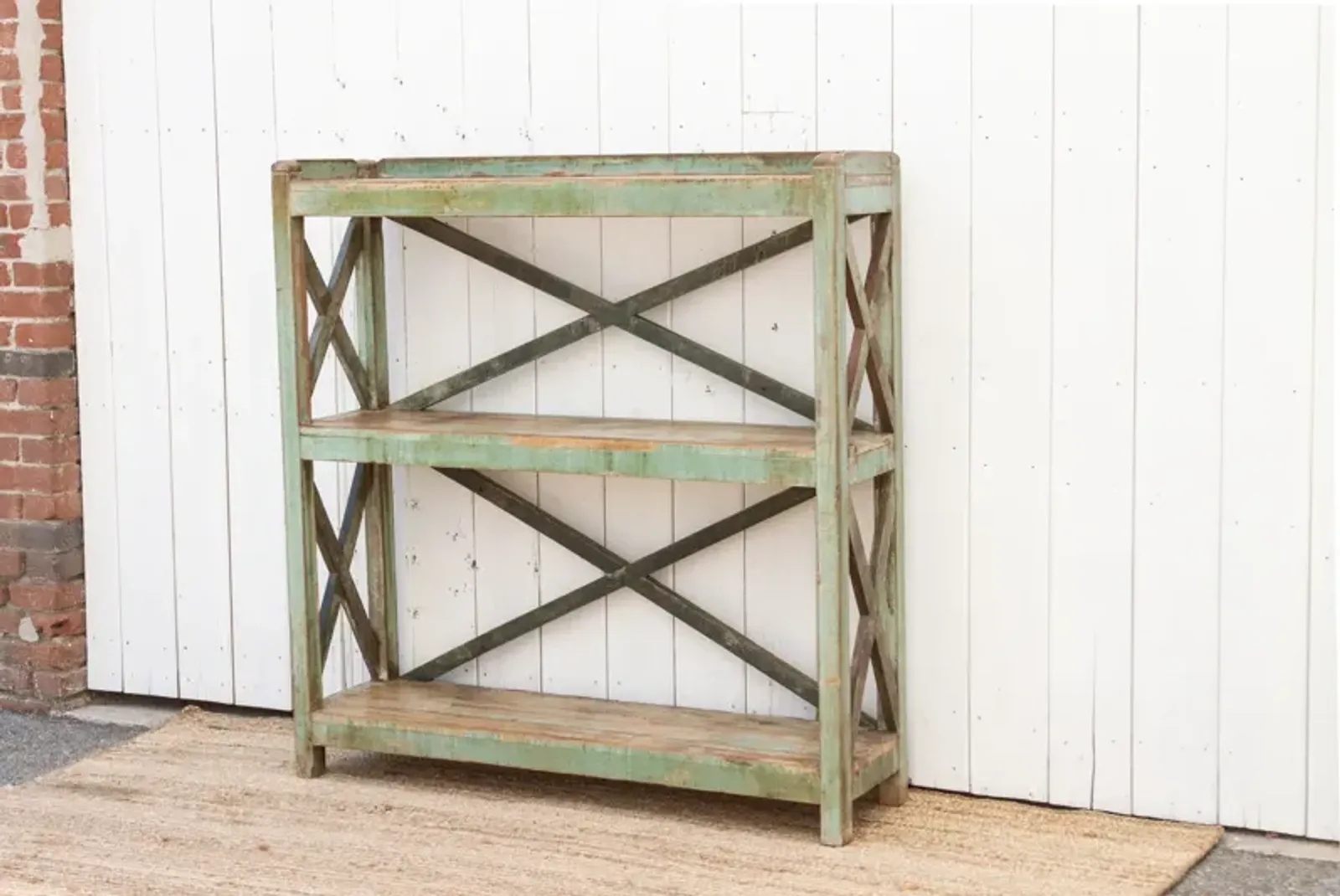 Antique Painted French Open Bookcase - Green