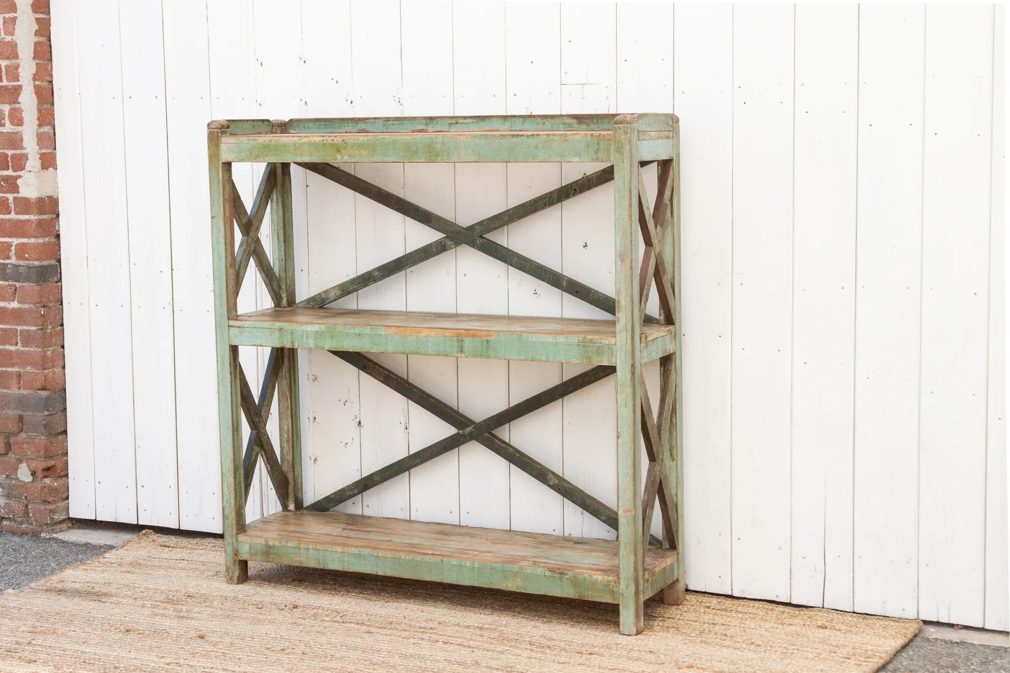 Antique Painted French Open Bookcase - Green