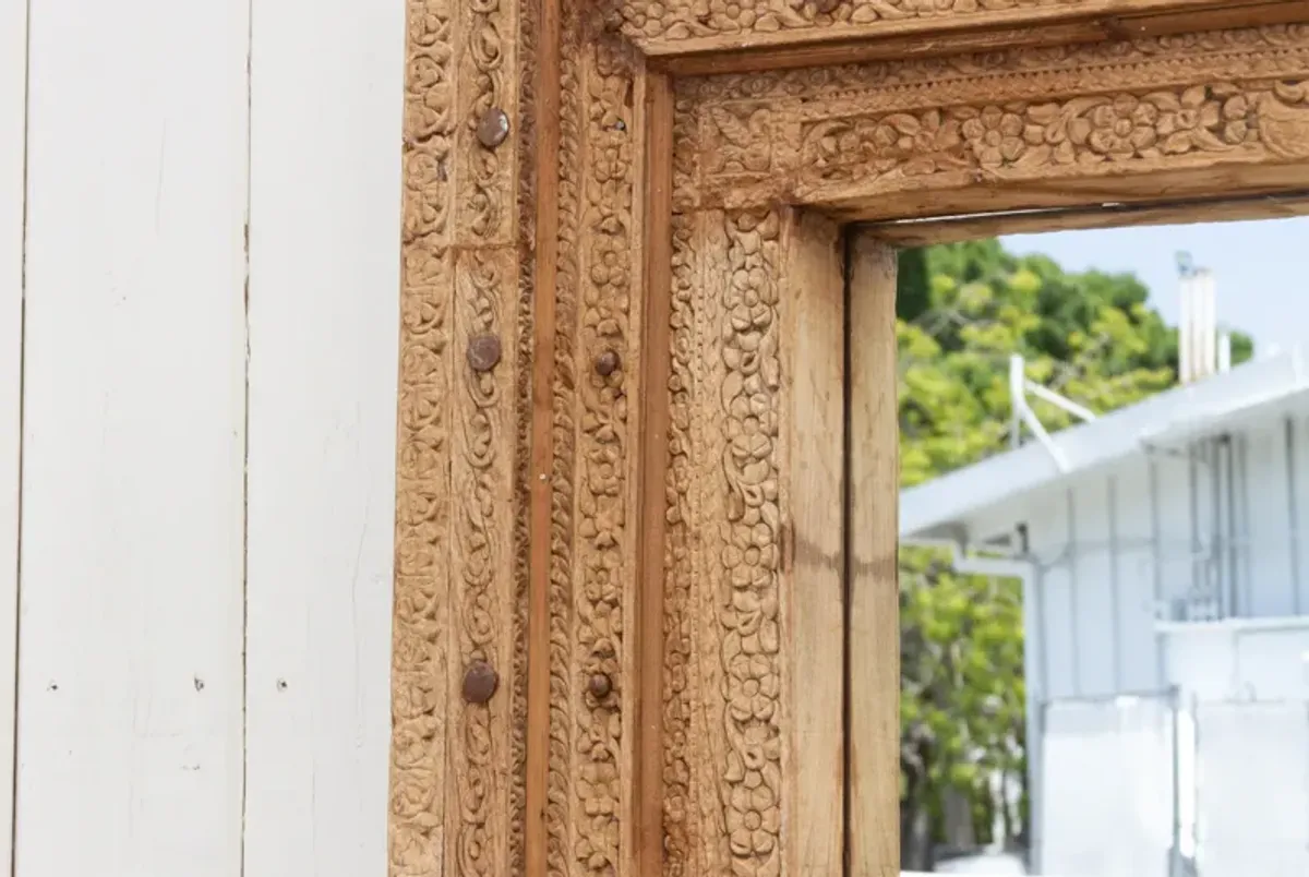 Large Antique Carved Lotus Floor Mirror - Brown