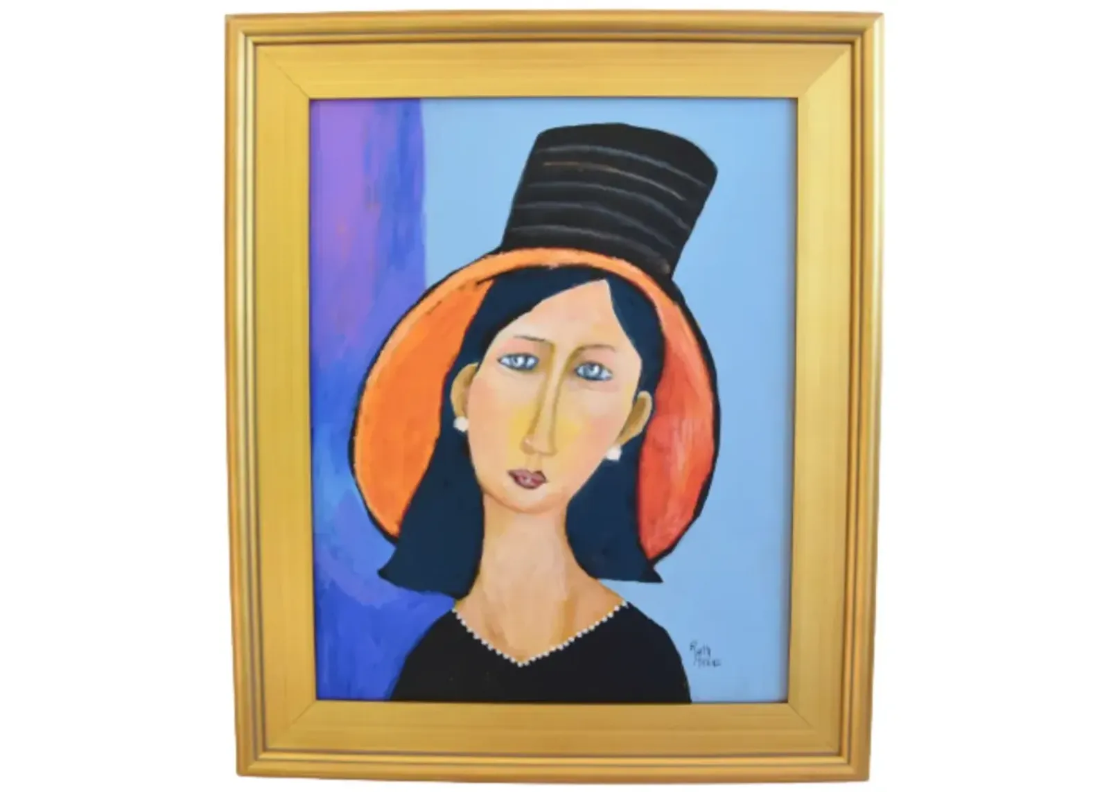 Modigliani-Style Portrait Oil Painting - Blue