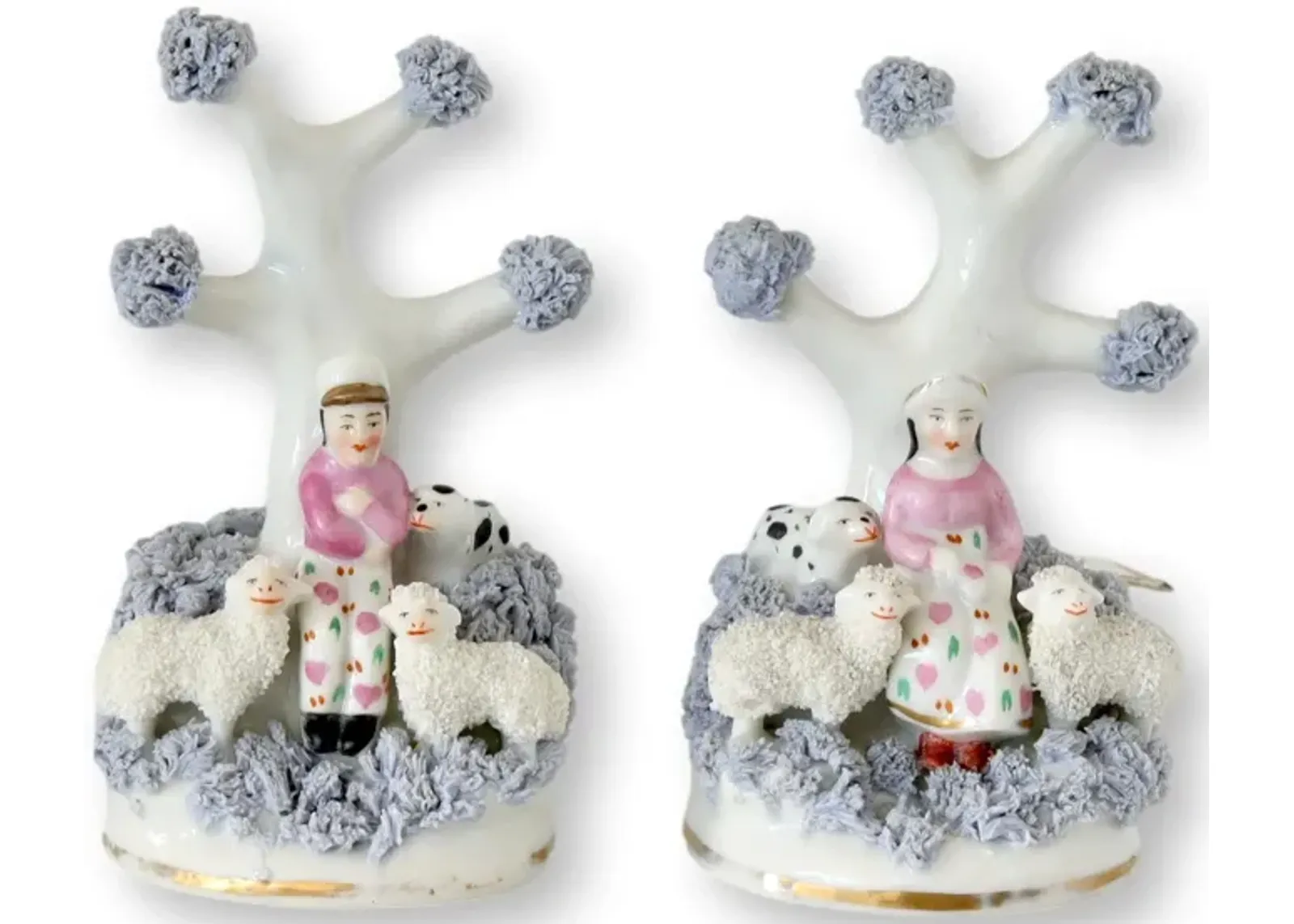 19th-C Staffordshire Sheep Herders - Set of 2 - White