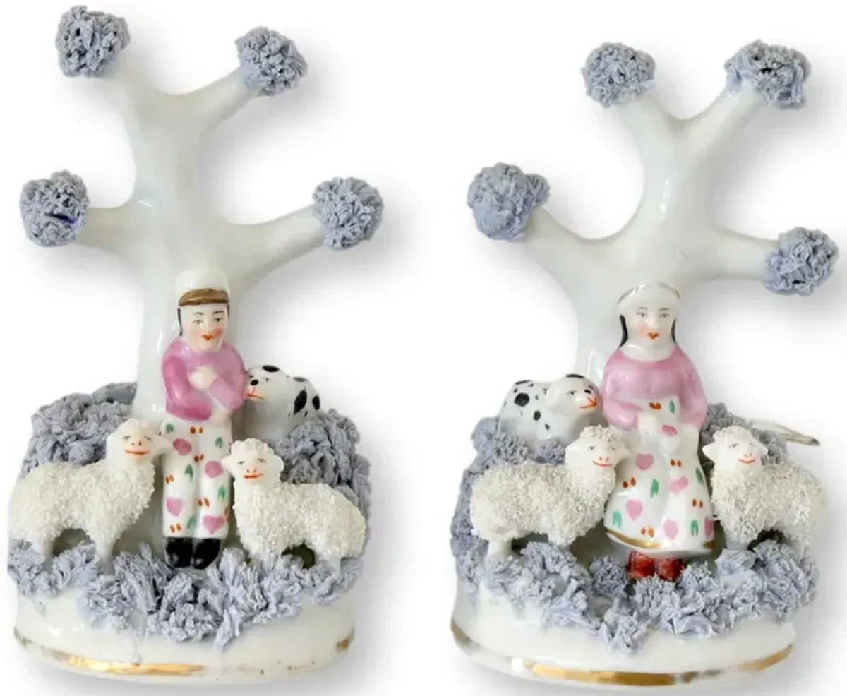 19th-C Staffordshire Sheep Herders - Set of 2 - White