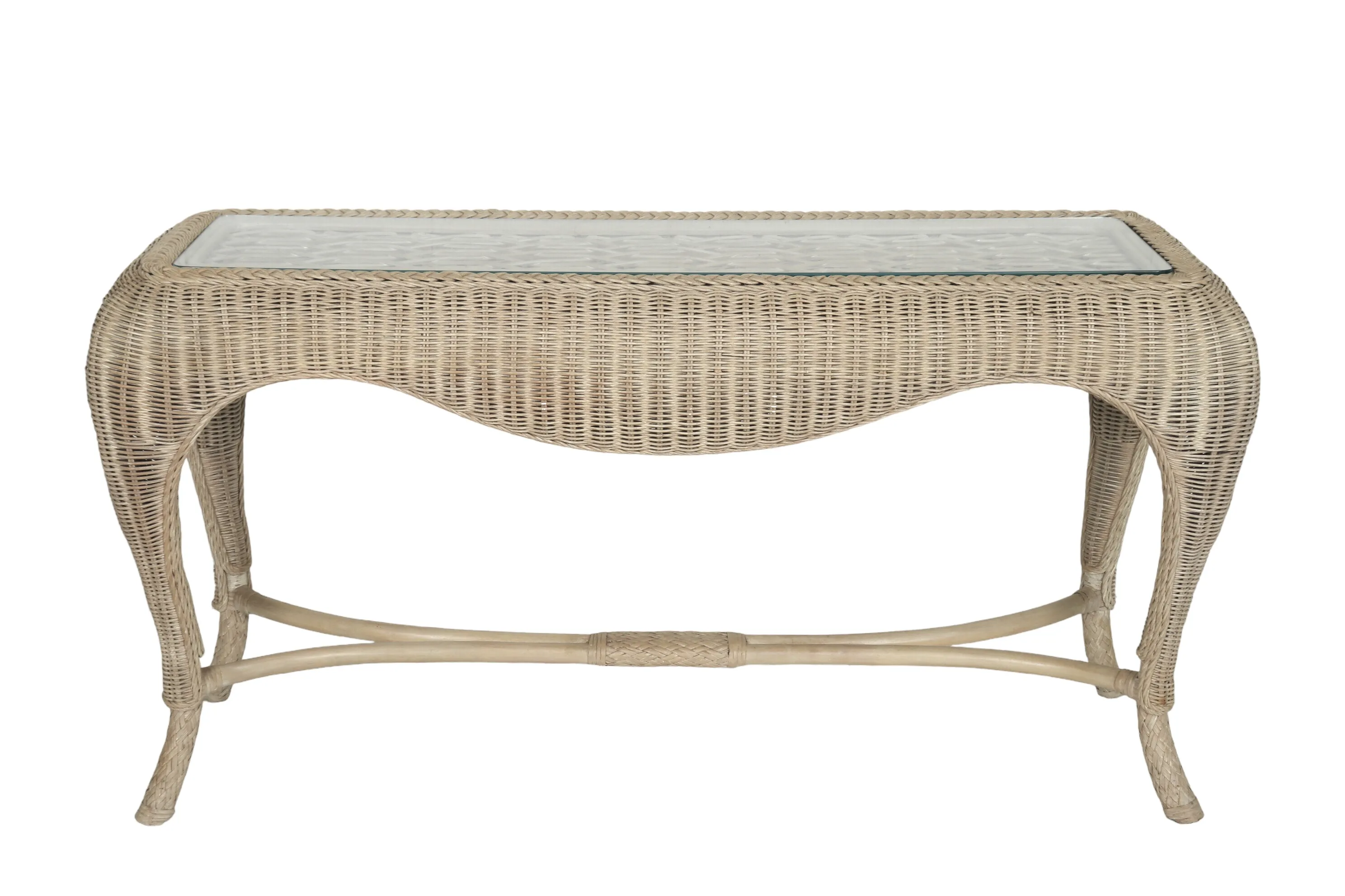 Glass Top Wicker Console Table - Brown